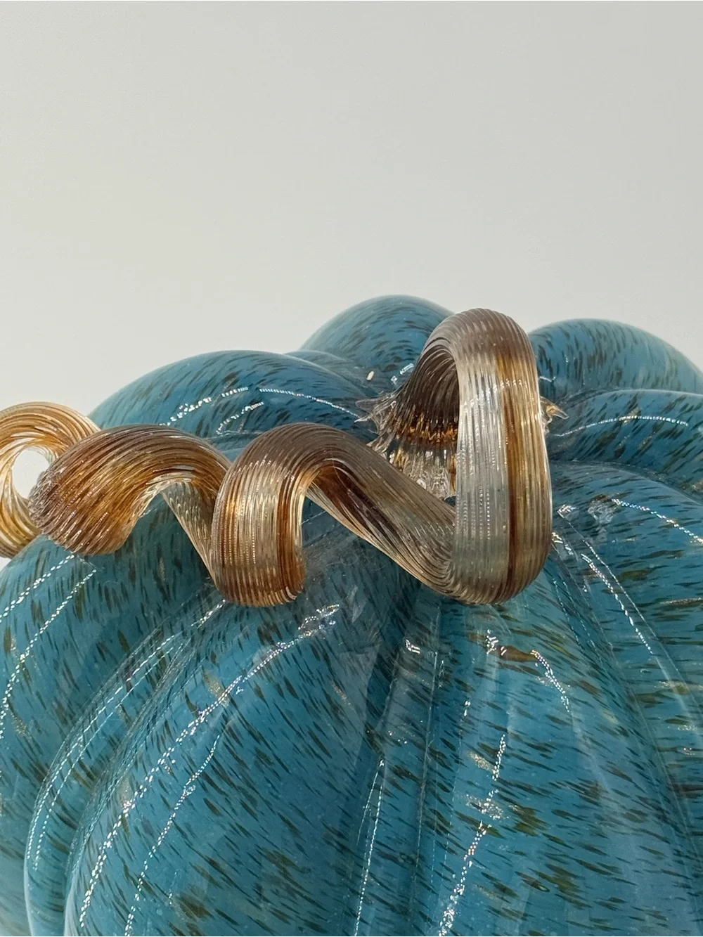 Teal Glass Pumpkin Accent with Gold-Tone Curled Stem